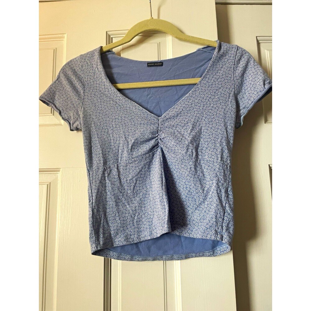 Brandy Melville Gina Top Blue Dainty Floral Ruched Cinch V-Neck Crop Tee XS